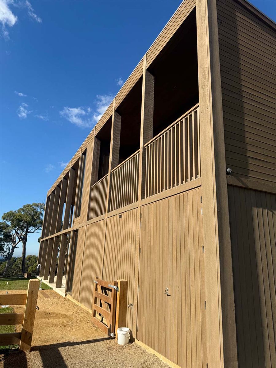 Two-storey building clad in Australian hardwood timber